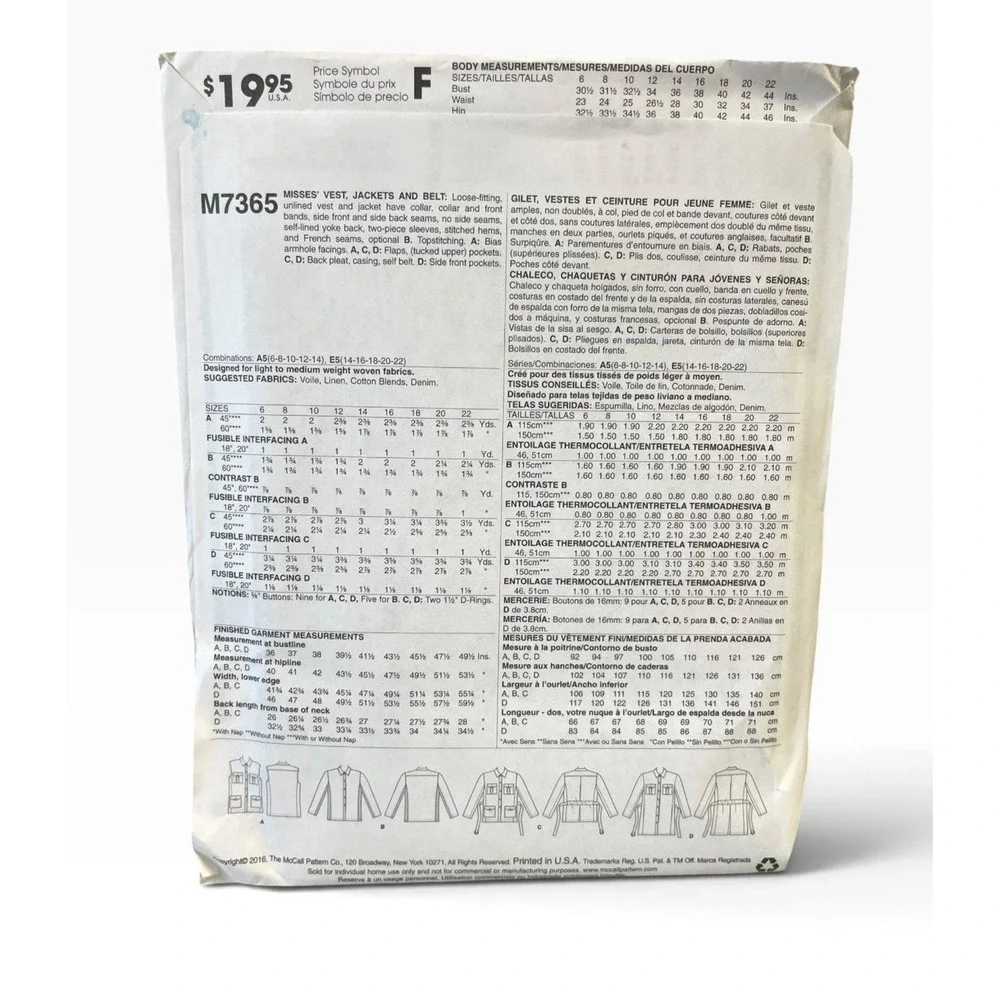 McCall's M7365 Vest Jacket Belt Misses Size 6-14 White New Uncut Sewing Pattern